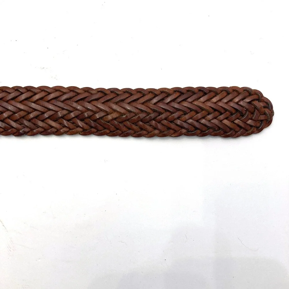 Vtg Lands End Brown Braided Woven Leather Belt Solid Brass Buckle